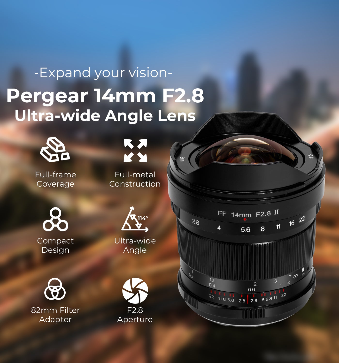 Pergear 14mm F2.8 II Full-Frame Manual Lens for Sony, Nikon, Canon, Leica Cameras